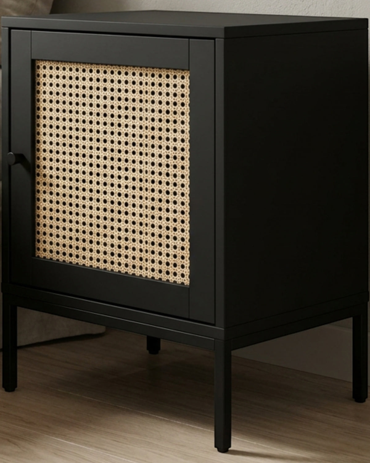 Pargu Cane Door Bedside Cabinet Black Natural - Lifestyle view