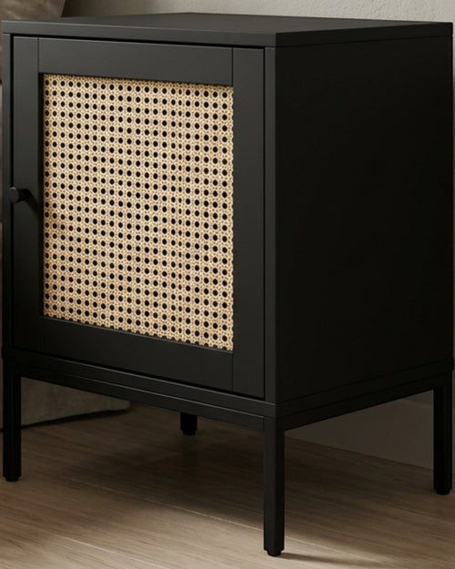 Pargu Cane Door Bedside Cabinet Black Natural - Lifestyle view