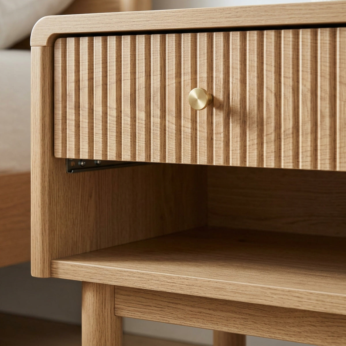 Pargu Fluted One Drawer Open Shelf Nightstand Natural Oak - Detail view