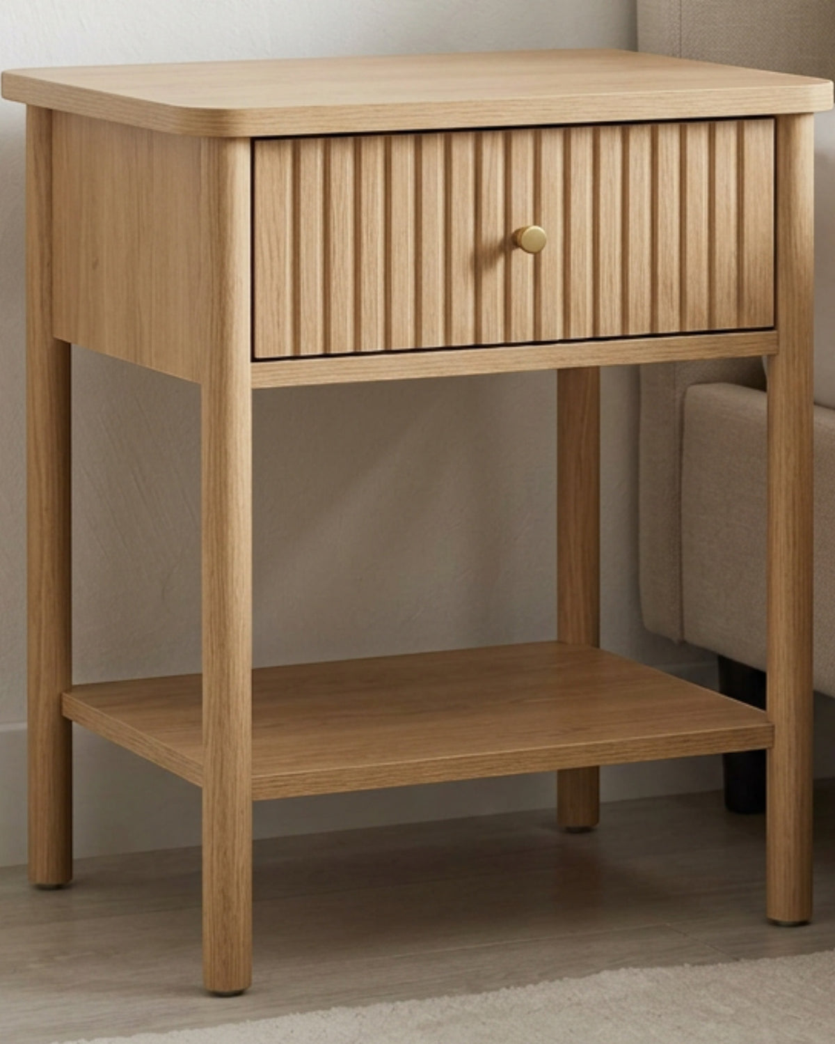 Pargu Fluted One Drawer Open Shelf Nightstand Natural Oak - Lifestyle view