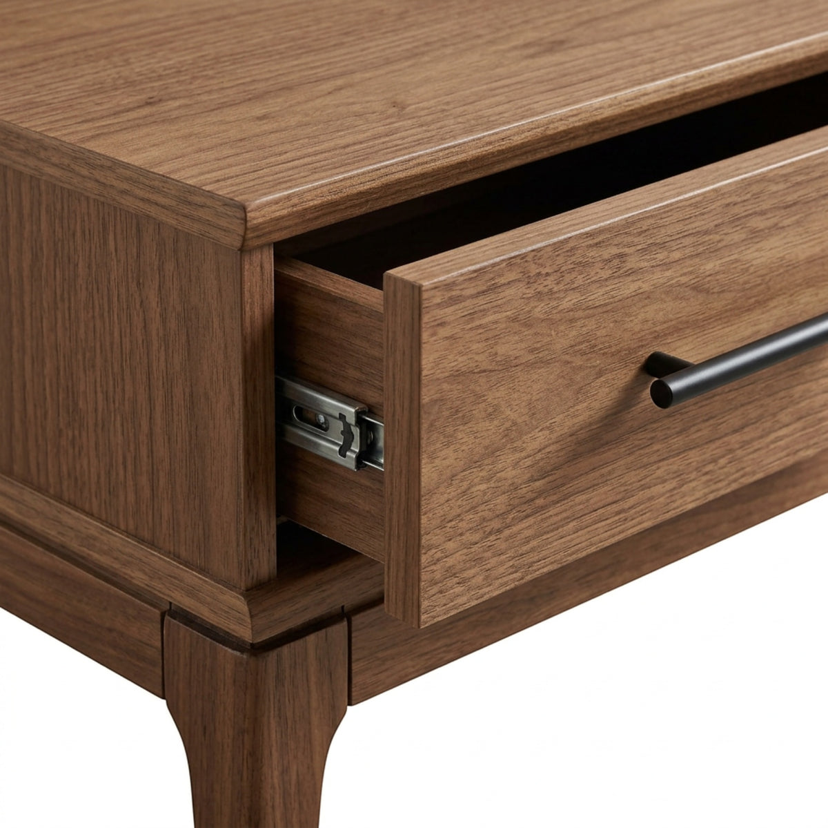 Pargu Two Drawer Walnut Nightstand Black Pulls - Detail view