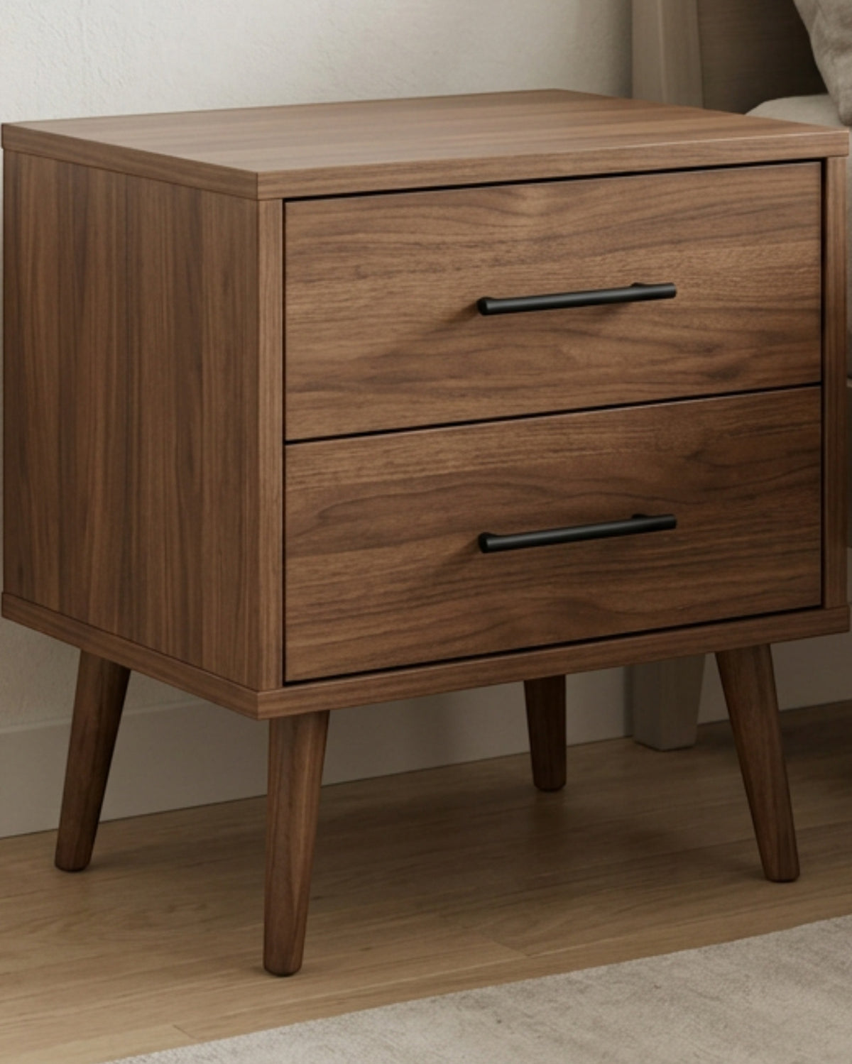 Pargu Two Drawer Walnut Nightstand Black Pulls - Lifestyle view