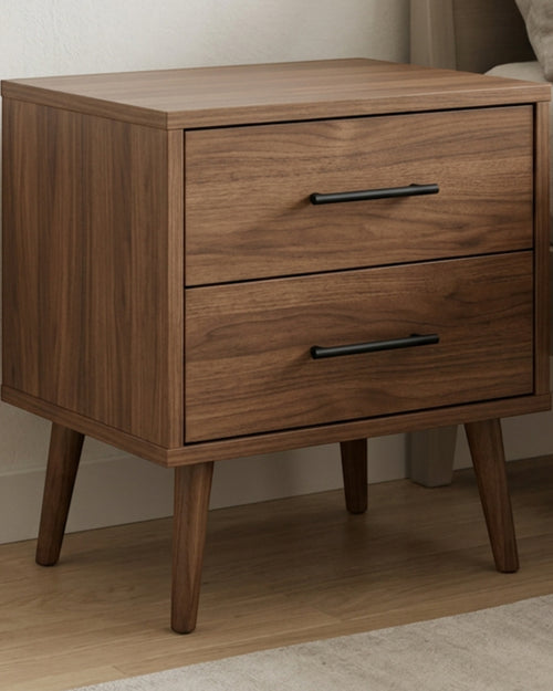 Pargu Two Drawer Walnut Nightstand Black Pulls - Lifestyle view
